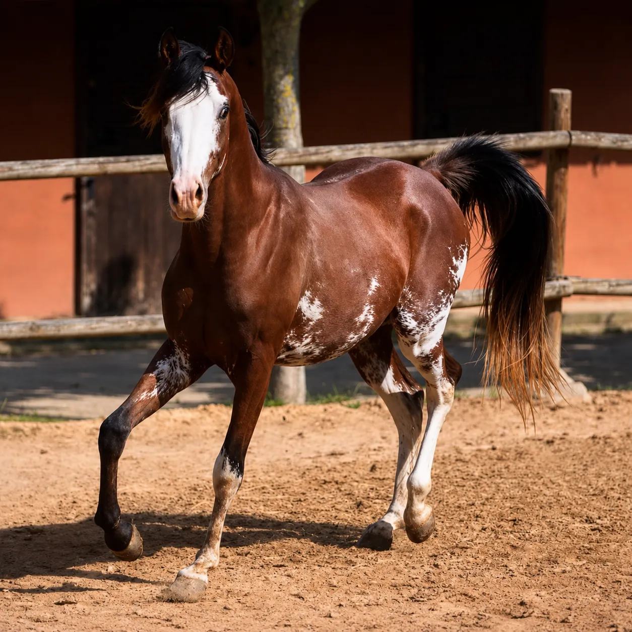 Caballo castaño con una expresión amplia y asimétrica de marcas blancas